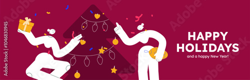 Vector illustration of a happy people, decorating christmas tree. Festive celebration concept. Merry Christmas and happy new year banner. Simple cheerful header with copyspace.
