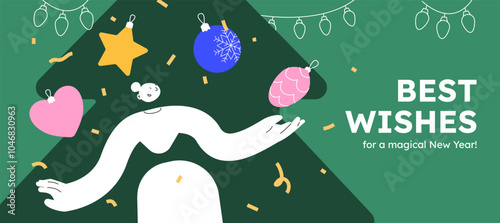 Vector illustration of a happy woman, holding decorative ball. Festive celebration concept. Merry Christmas and happy new year banner. Simple cheerful header with copyspace.