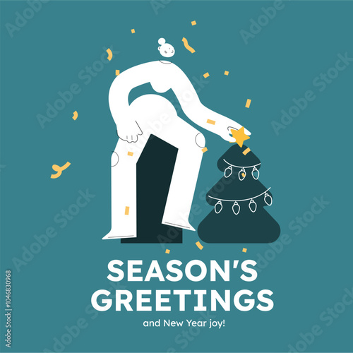 Vector illustration of a happy woman, decorating christmas tree. Festive celebration concept. Merry Christmas and happy new year banner. Simple cheerful header with copyspace.