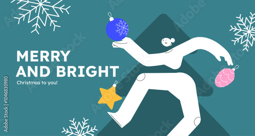 Vector illustration of a happy woman, holding christmas tree. Festive celebration concept. Merry Christmas and happy new year banner. Simple cheerful header with copyspace.