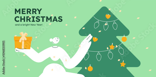 Vector illustration of a happy woman, holding wrapped present. Festive celebration concept. Merry Christmas and happy new year banner. Simple cheerful header with copyspace.