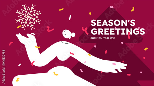 Vector illustration of a happy woman, holding a snowflake. Festive celebration concept. Merry Christmas and happy new year banner. Simple cheerful header with copyspace.
