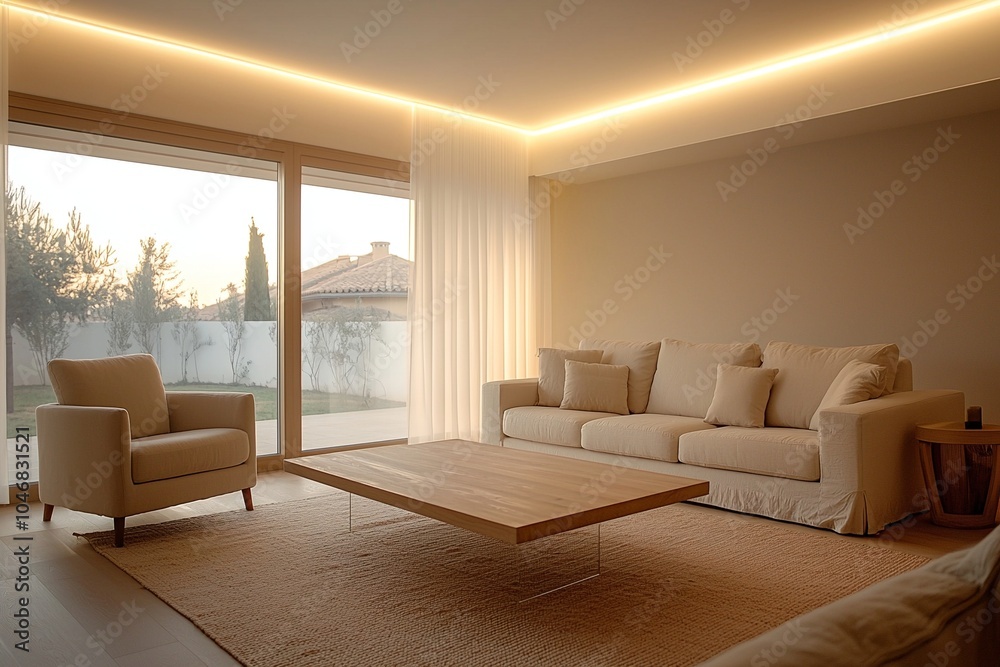 Fototapeta premium A living room photo of a Scandinavian interior and japandi interior combination of a living room with a window and sofa and furniture in view. Generative AI