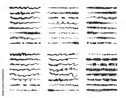 Chalk lines, brush strokes, crayon pencil underlines. Sketch Charcoal straight horizontal lines set. Scribble black vector strokes. Grunge smears, thin and thick dividers.
