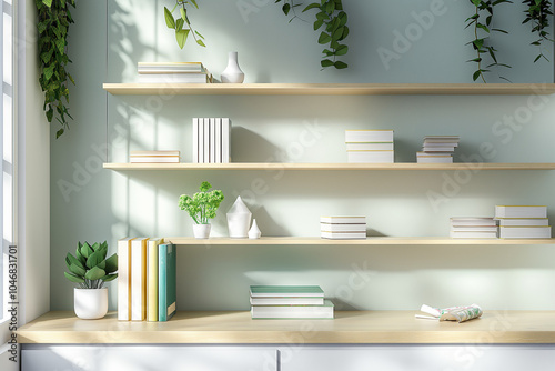 Office interior backdrop for online meetings. Light home office setting bookshelves background. Minimalist online workspace aesthetics. Video conferencing room design in pastel tones.