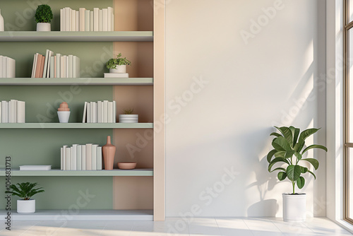 Office interior backdrop for online meetings. Light home office setting bookshelves background. Minimalist online workspace aesthetics. Video conferencing room design in pastel tones.