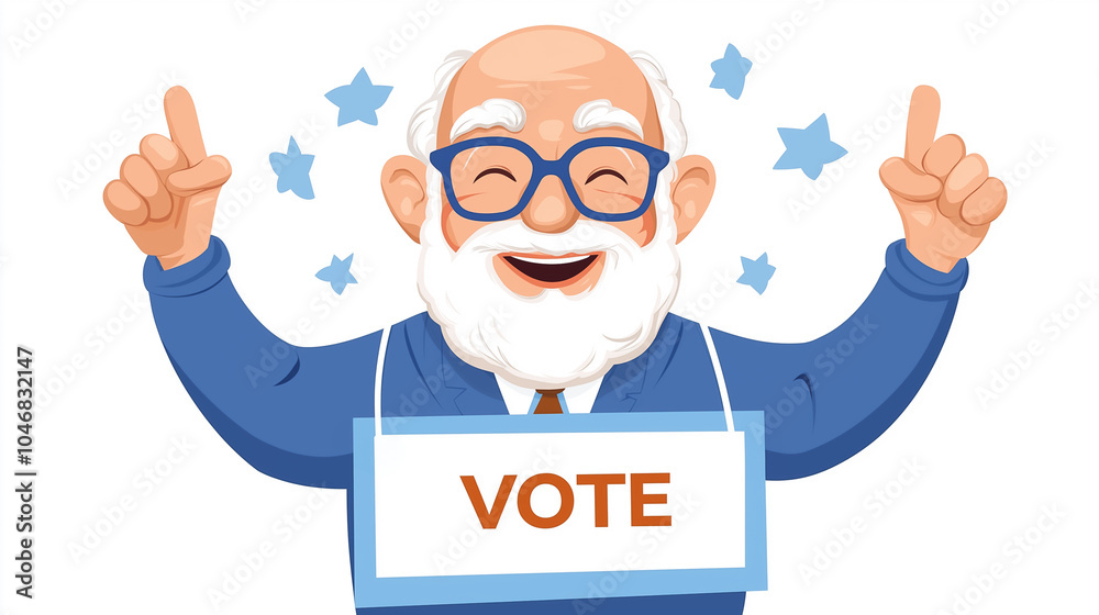 An enthusiastic older man with a white beard encourages others to vote, exuding positivity and community spirit An enthusiastic older man with a white beard encourages others to vote, exuding positivity and community spirit