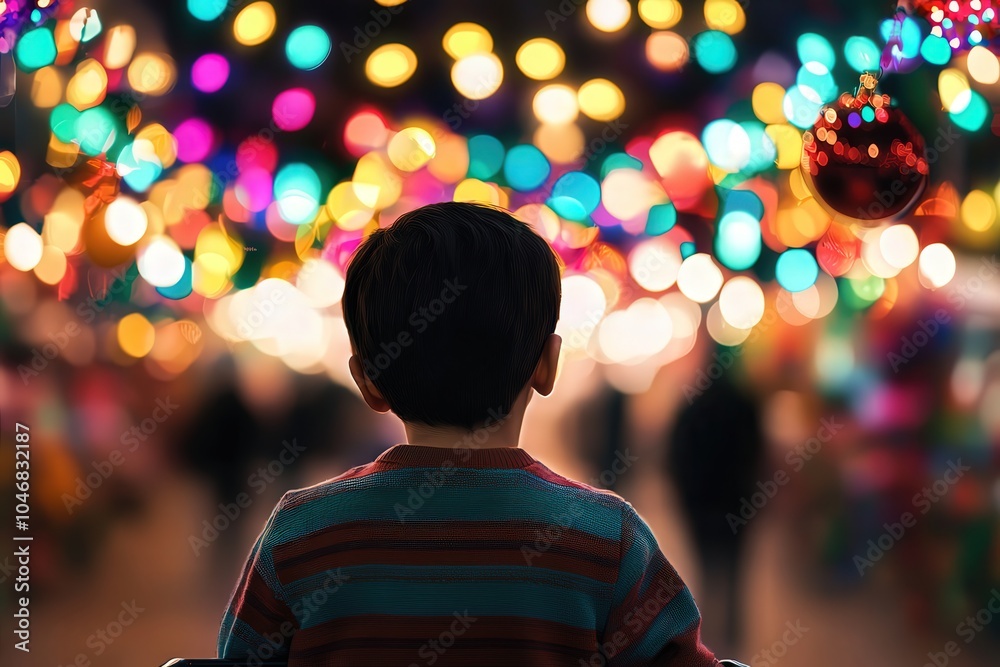 A Child's Wonder Captivated by the Magic of Colorful Festival Lights
