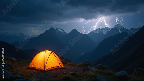 Illuminated camping tent at night with heavy thunderstorm and storm approaching, risk of severe weather and unprotected outdoor stay photo