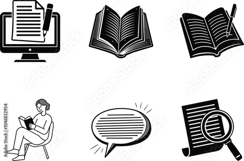 Six black and white icons depict reading and writing in both digital and traditional formats, including a computer screen, open books, a person reading, a speech bubble, and a document with a magnifyi photo