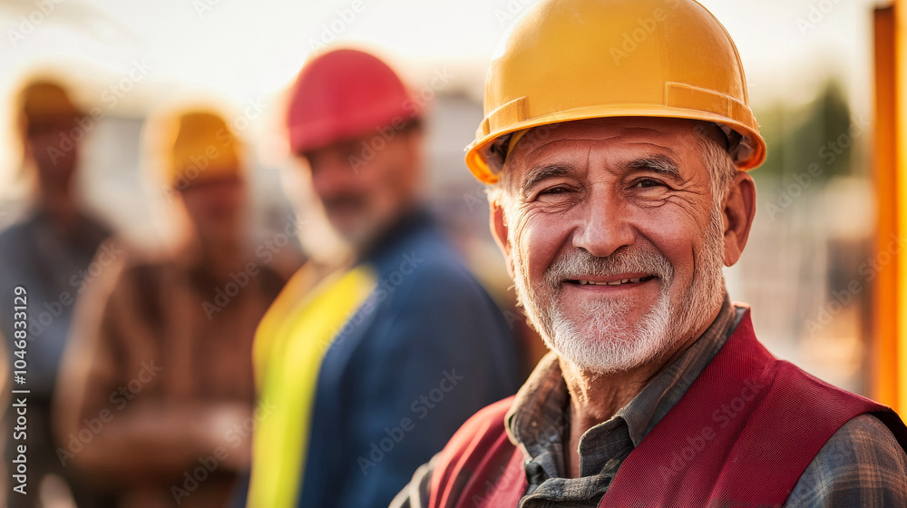 A group of smiling workers at a construction site A group of smiling workers at a construction site
