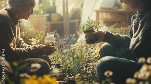 Serene Indoor Gardening with Seniors Tending to Lush Greenery. Generative ai photo