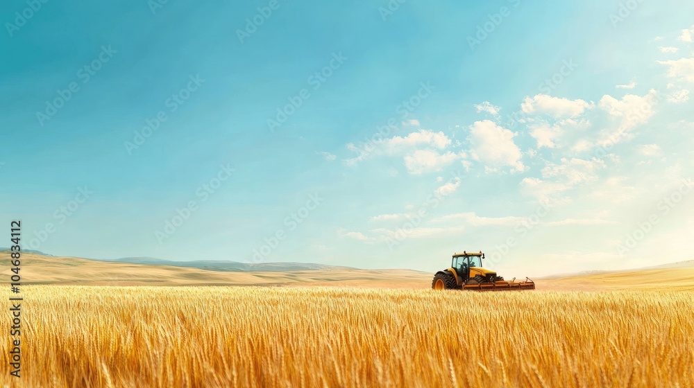 Naklejka premium A tractor plows through a golden wheat field beneath a clear blue sky, representing the effort and beauty of farming during the harvest.