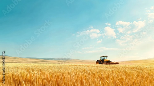 A tractor plows through a golden wheat field beneath a clear blue sky, representing the effort and beauty of farming during the harvest.