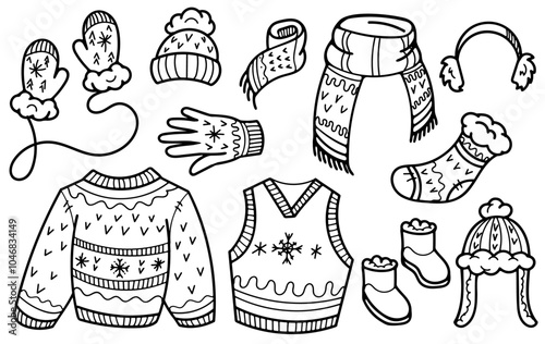 Winter clothes element set. Doodle Illustration 