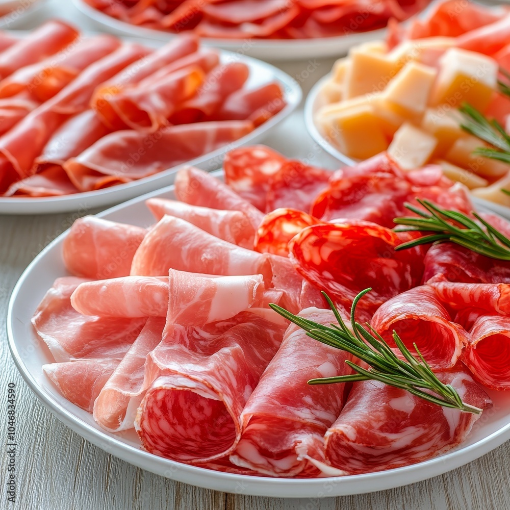 Assortment of Delicious Cured Meat Platters with Melon Slices, Traditional Italian Appetizer Assortment of Delicious Cured Meat Platters with Melon Slices, Traditional Italian Appetizer
