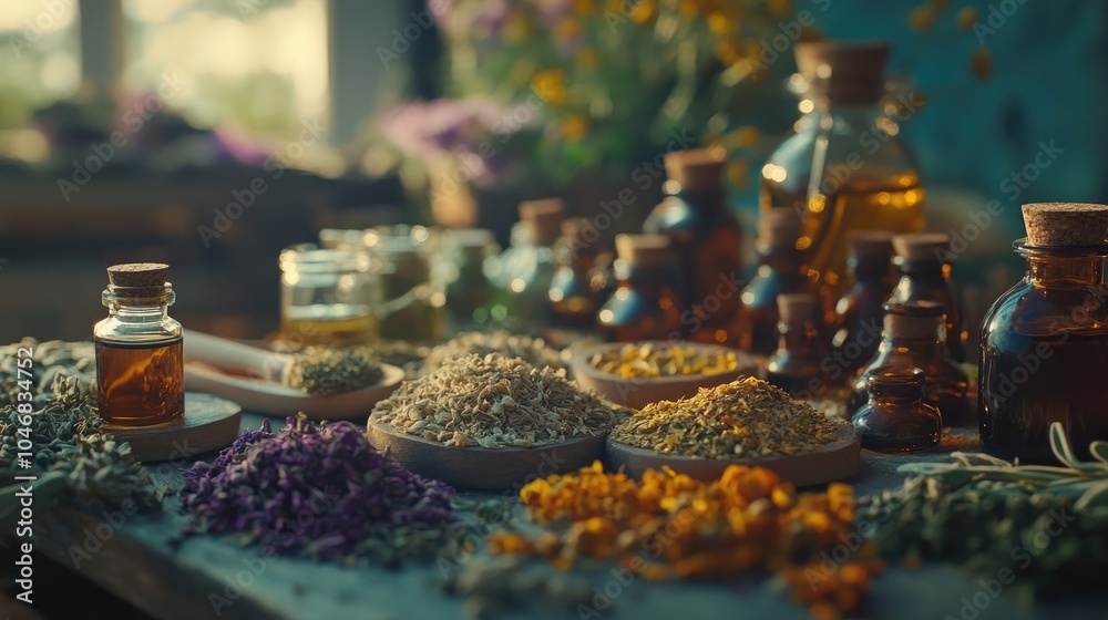An assortment of natural remedies, including tinctures and dried herbs, arranged on a bright surface An assortment of natural remedies, including tinctures and dried herbs, arranged on a bright surface