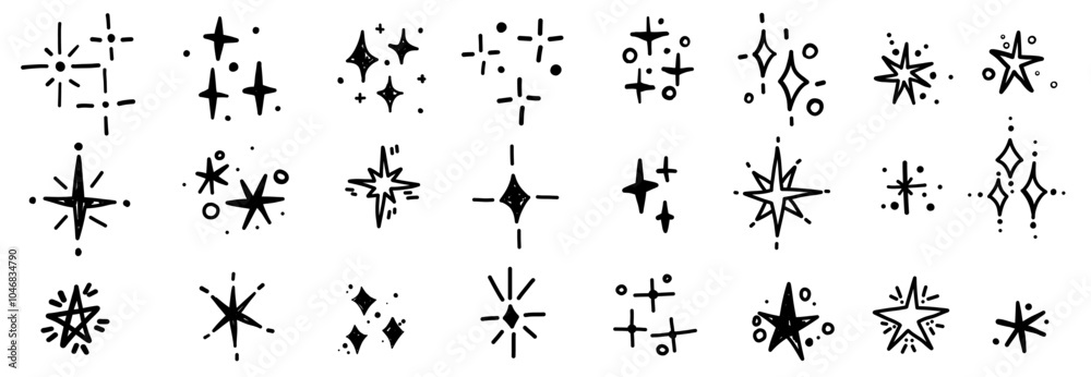 Glittering stars sparkling hand drawn doodle scribble grunge sketch set. Scrapbook minimalistic sparkles.