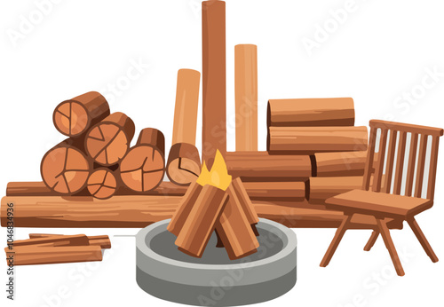Flat Vector Illustration of Wooden Materials with Burning Firewood