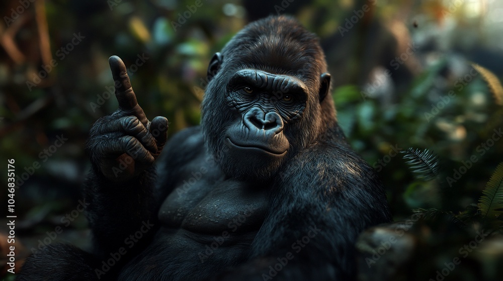 Naklejka premium A large male gorilla sitting in a jungle setting, points up with its finger.
