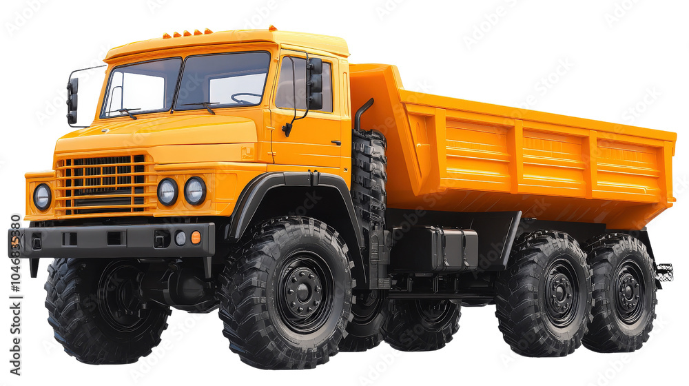 A large orange dump truck with a black tire A large orange dump truck with a black tire