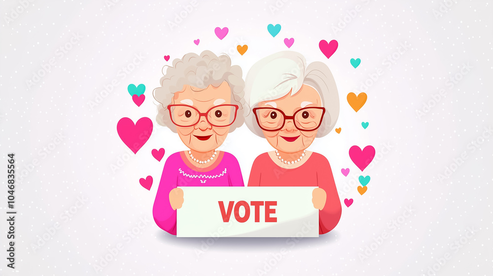 Two charming older women hold a sign that promotes voting, surrounded by colorful hearts and a bright backdrop Two charming older women hold a sign that promotes voting, surrounded by colorful hearts and a bright backdrop