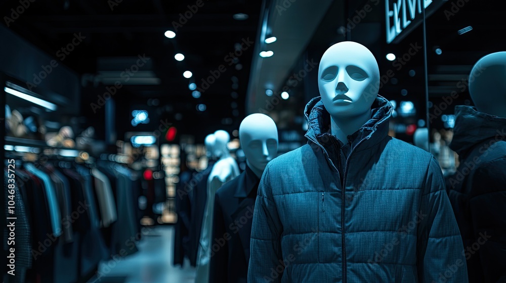Elegant, shiny mannequins showcasing winter fashion in a dark store with Black Friday banners Elegant, shiny mannequins showcasing winter fashion in a dark store with Black Friday banners