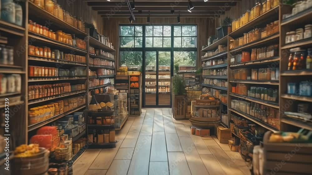 Organic grocery store interior filled with shelves of natural, eco-friendly products, illuminated by warm natural light. Suitable for advertising eco-conscious brands, sustainable shopping, or local s