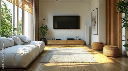 Minimalist living room in a small apartment featuring a sleek TV setup, comfortable sofa, and clean, uncluttered decor for a modern look.