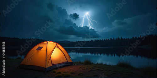 Illuminated camping tent at night with heavy thunderstorm and storm approaching, risk of severe weather and unprotected outdoor stay photo