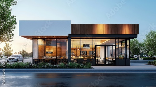 Modern fast food restaurant facade with a sleek and welcoming appearance, providing ample copy space for advertisements and specials.