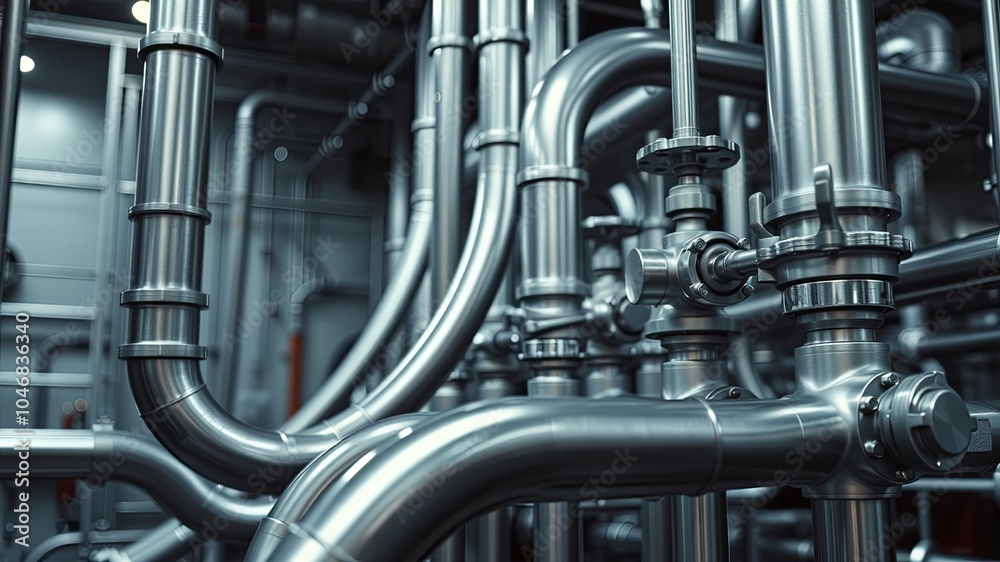 An intricate network of polished metal pipes, valves, and fittings, showcasing the complexity and precision of industrial infrastructure. An intricate network of polished metal pipes, valves, and fittings, showcasing the complexity and precision of industrial infrastructure.