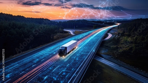 A truck illuminated by light trails speeds down the highway, with digital network lines suggesting advanced technology in transportation logistics.