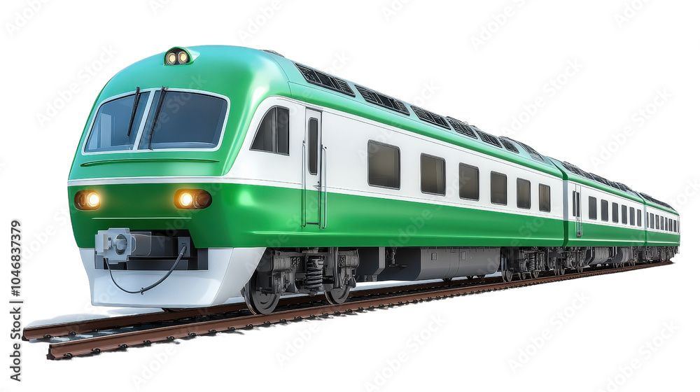 Fototapeta premium A green and white train with a red light on the front