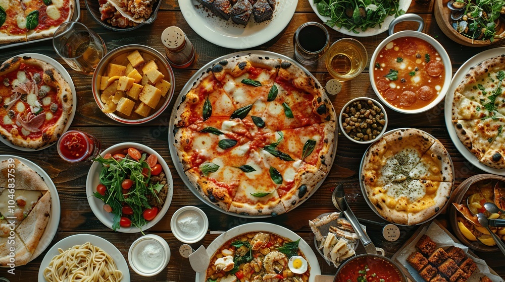 A table spread with a variety of Italian food, including pizza, pasta, salad, and soup. A table spread with a variety of Italian food, including pizza, pasta, salad, and soup.