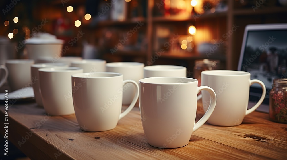 A row of white mugs sit on a wooden table in a cafe or shop, ready to be filled with coffee or tea. A row of white mugs sit on a wooden table in a cafe or shop, ready to be filled with coffee or tea.
