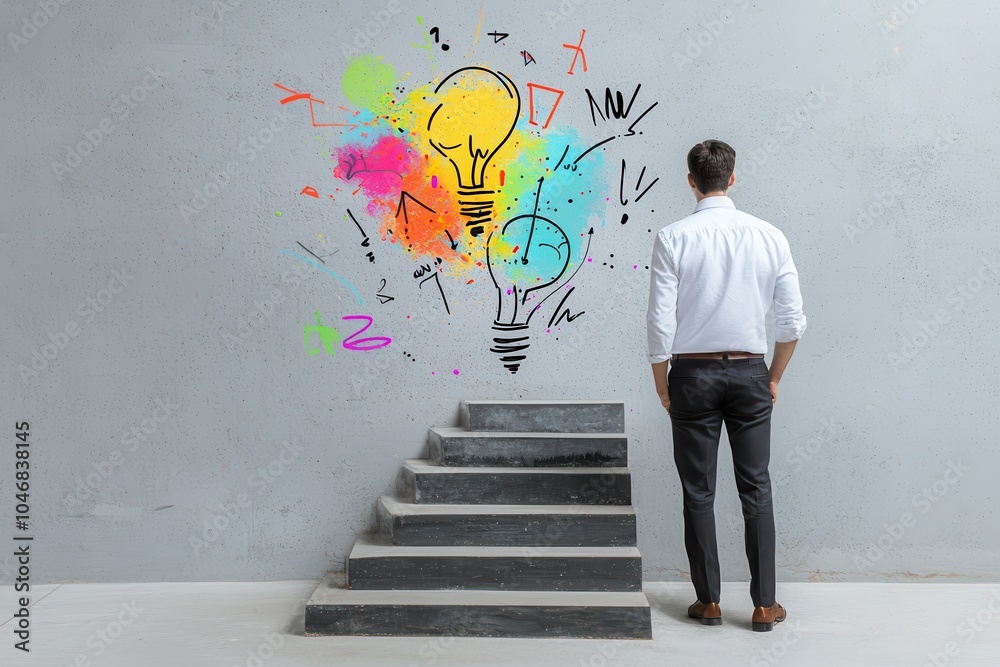 A man contemplating ideas on a vibrant wall, inspiring creativity. A man contemplating ideas on a vibrant wall, inspiring creativity.