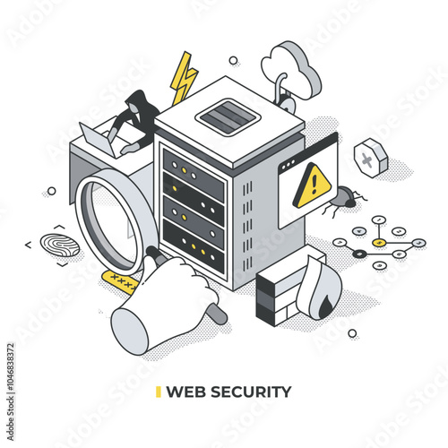 Web security. Hacker hacks server. Big hand with magnifier tries to spot breach. Server, firewall, fingerprint, padlock, and locked cloud shown. Cybersecurity, data protection. Isometric illustration