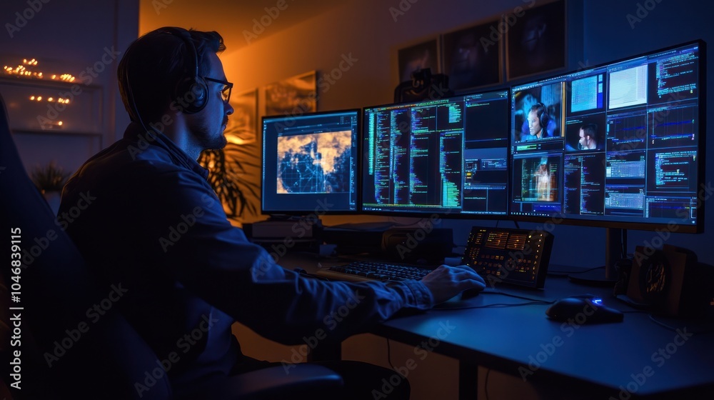 Naklejka premium SOC analyst monitoring security alerts from multiple sources in a dark room with advanced technology