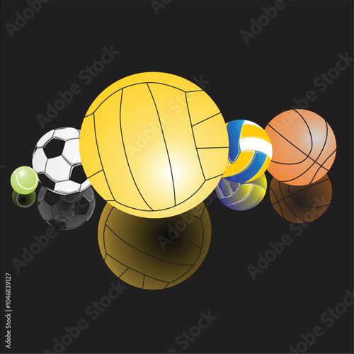 Waterpolo ball, tennis ball, Volleyball, soccer and basketball on a black background