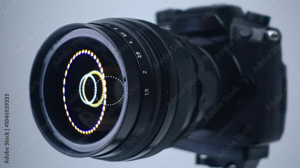 A professional camera on a tripod with an expensive lens with an aperture of 1.5 and a focal length of 85 mm, which reflects the ring LED light. Closeup. Macro