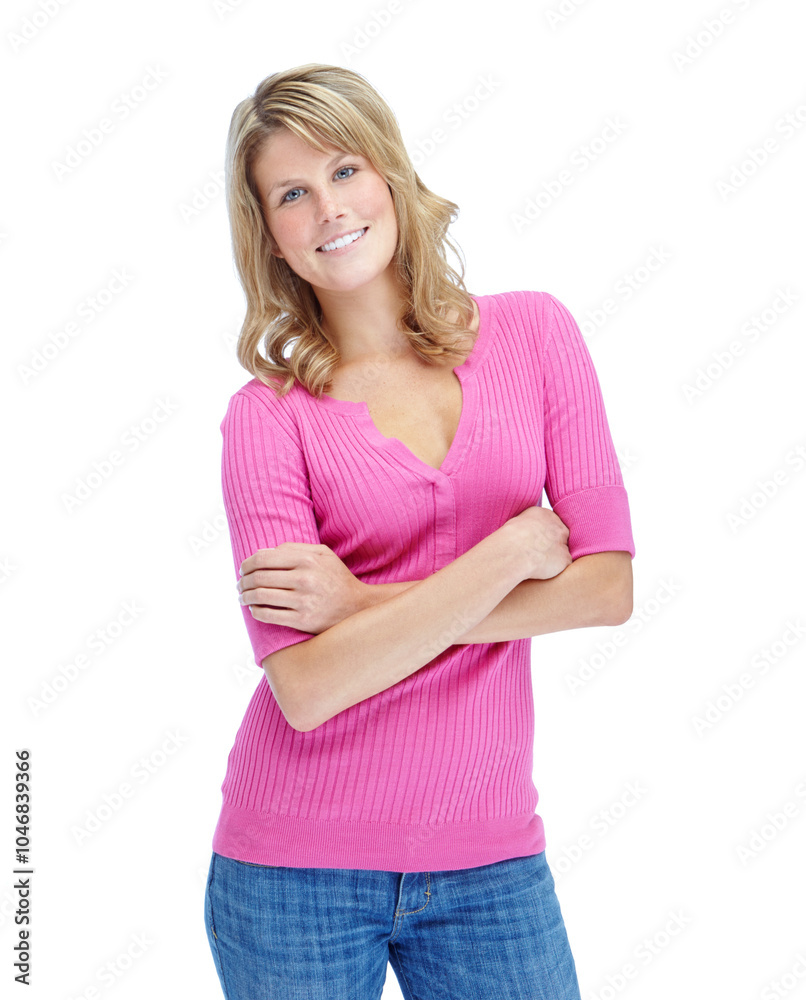 Crossed arms, fashion and portrait of woman in studio with casual, color and trendy outfit for confidence. Happy, pride and female person from Germany with pink tshirt for style by white background. Crossed arms, fashion and portrait of woman in studio with casual, color and trendy outfit for confidence. Happy, pride and female person from Germany with pink tshirt for style by white background.