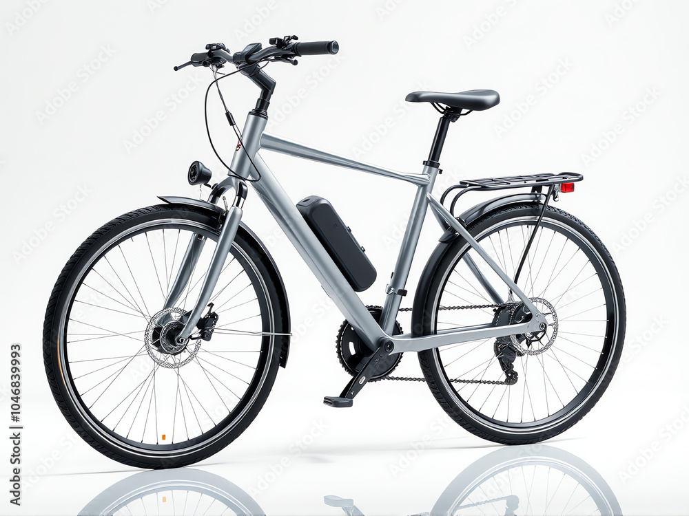 Fototapeta premium A gray electric bike positioned against a clean white background, highlighting its sleek design and modern features.