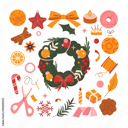 Making a Christmas wreath. Set of hand-drawn elements to create a Christmas wreath. handmade Christmas wreath