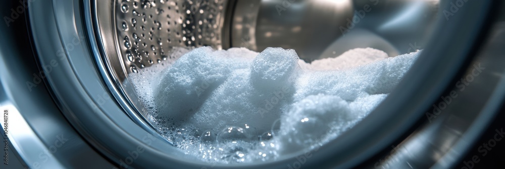 A washing machine drum is filled with fluffy white towels that are sudsy and ready to be rinsed for a fresh and clean finish. Generative AI A washing machine drum is filled with fluffy white towels that are sudsy and ready to be rinsed for a fresh and clean finish. Generative AI
