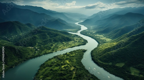 An aerial photograph of the Amazon River as it curves through a vast forested mountain area.