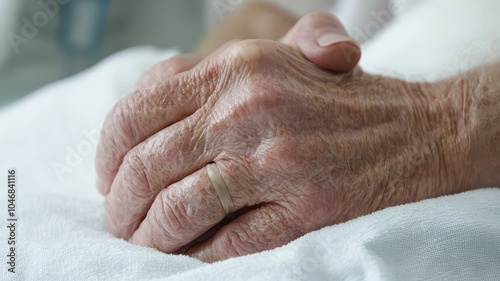 Close-up of intertwined hands with a wedding ring.