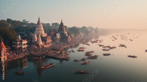 Aerial shot of the Ganges River in India with boats floating on the water and temples lining the riverbanks