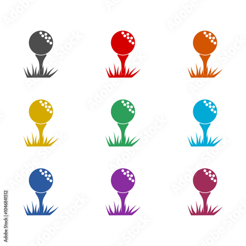 Ball to play golf on putter or tee icon isolated on white background. Set icons colorful