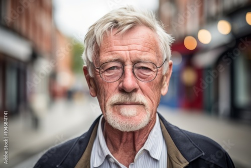 Portrait of senior man with eyeglasses in the city.